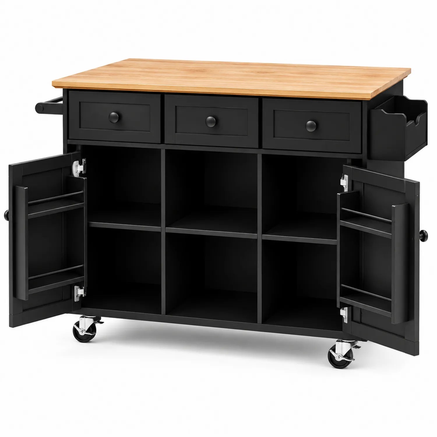 Küchenwagen mit Schubladen und Regalen, Holz und Metall, Schwarz/Natur