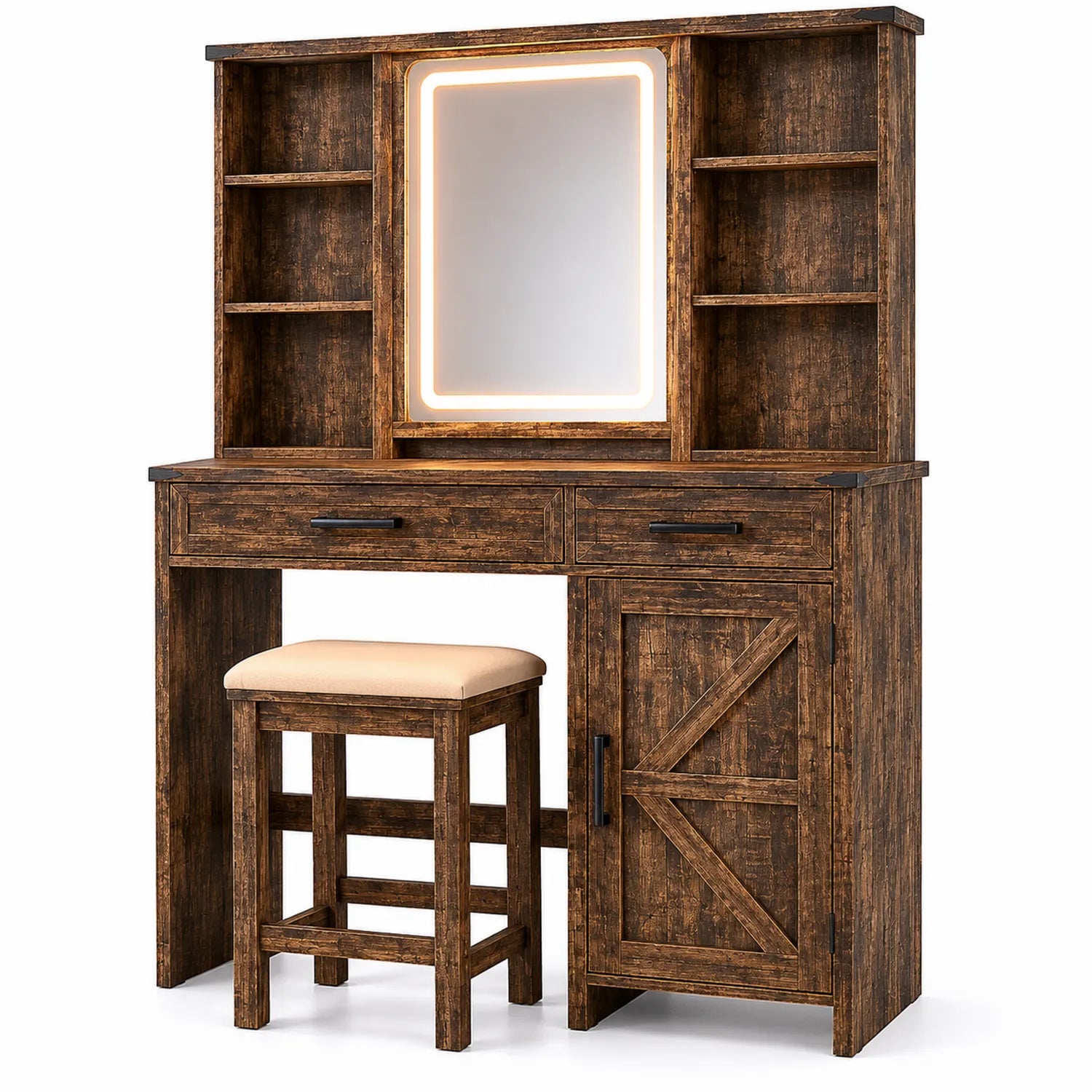 Holz Schminktisch mit Spiegel und LED-Licht, Braun