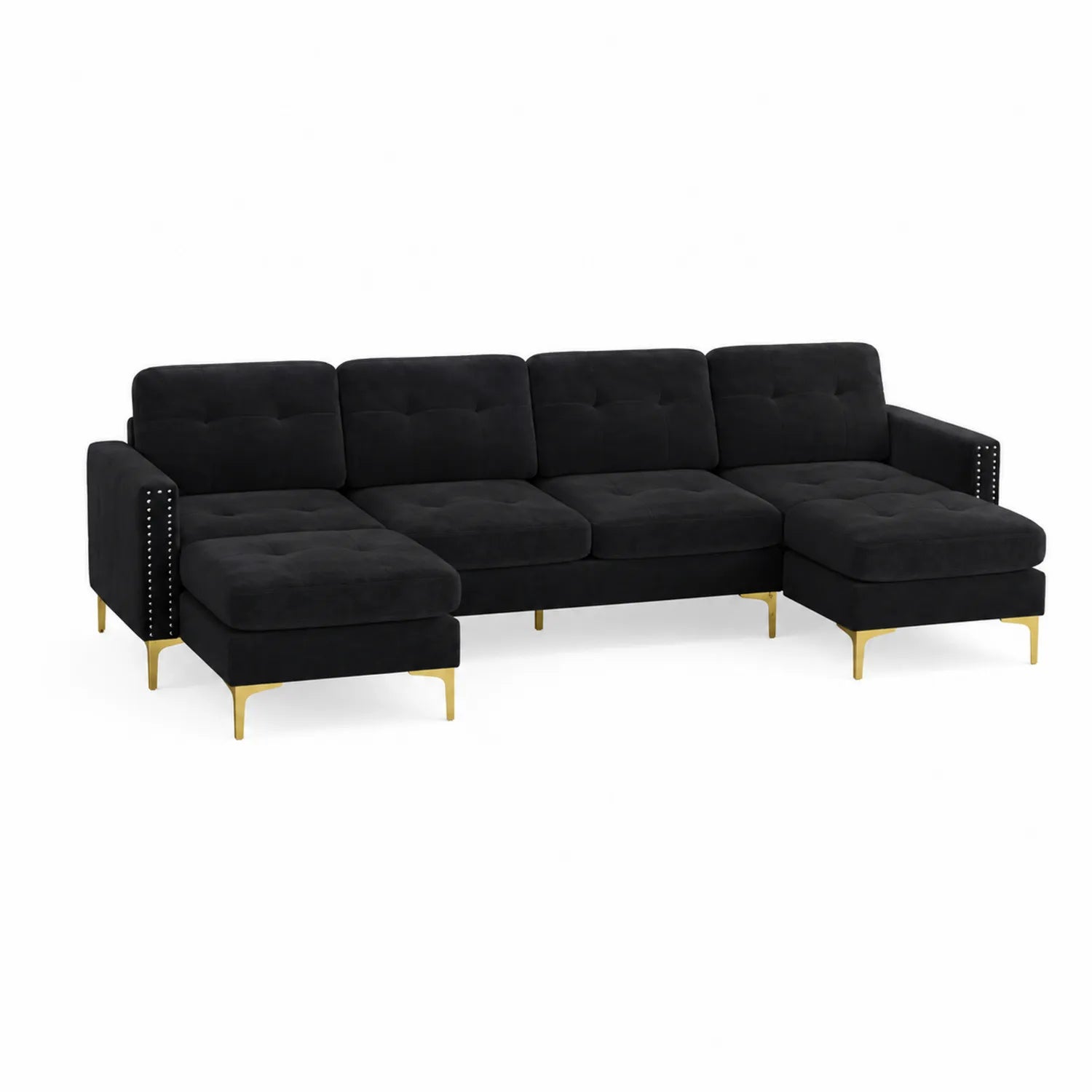 Ecksofa L-Form 3-Sitzer Schwarz Samt mit Metallbeinen